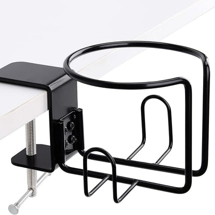 Large desk cup holder, clip-on anti-leak cup holder for garden chair, horizontal or vertical mounting, pack of 1, black.