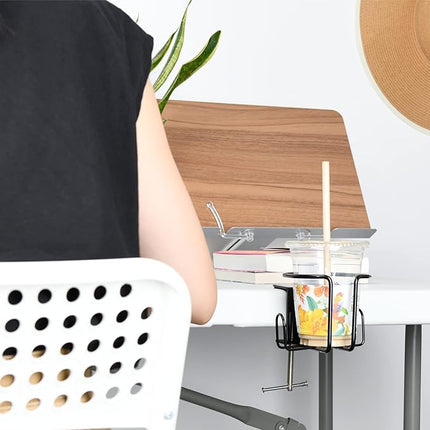 Large desk cup holder, clip-on anti-leak cup holder for garden chair, horizontal or vertical mounting, pack of 1, black.