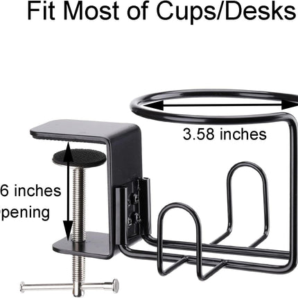 Large desk cup holder, clip-on anti-leak cup holder for garden chair, horizontal or vertical mounting, pack of 1, black.