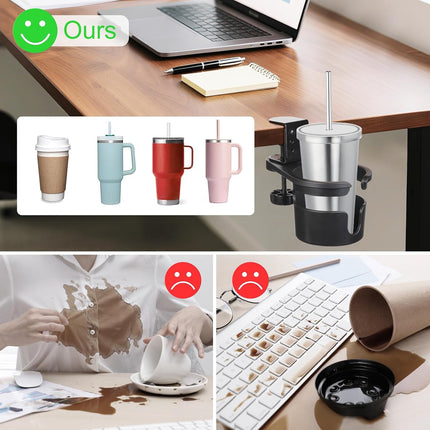 Desk Cup Holder Clamp, Anti-Spill Coffee Cup Holder Clamp, Rotating Water Bottle Holder, Coffee Mug Storage, Home & School Office Accessories (Black).