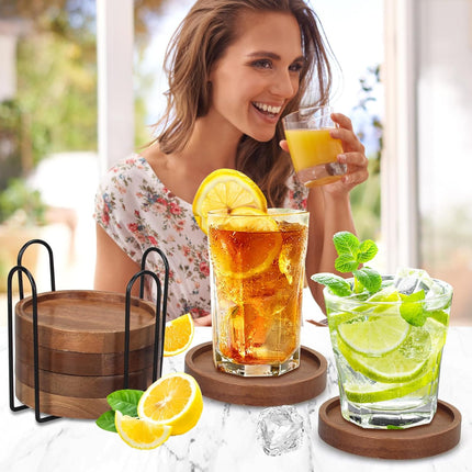 6 Pieces Best Wooden Coasters with Holder, Coffee Table Decor, Acacia Wood Coaster Set, Modern Drink Coaster, Dining Table, Kitchen Accessories, Cute Beer Bar, Decorative Rustic Coasters for Outdoors.