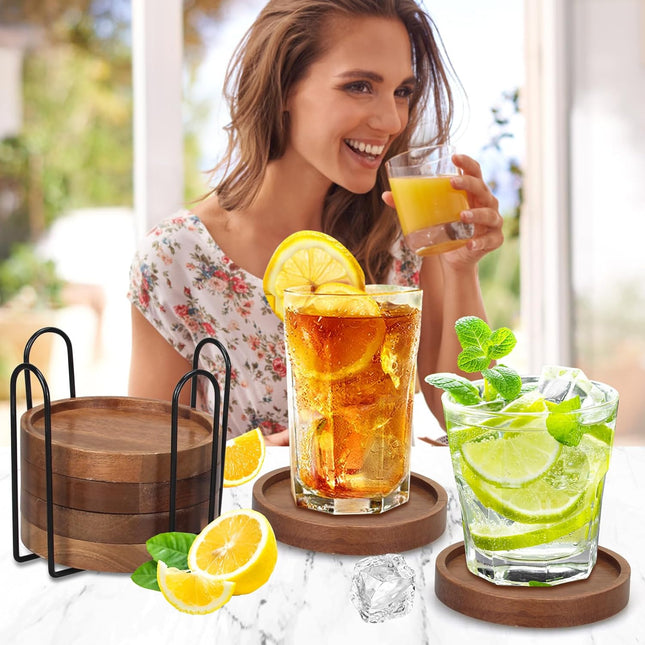 6 Pieces Best Wooden Coasters with Holder, Coffee Table Decor, Acacia Wood Coaster Set, Modern Drink Coaster, Dining Table, Kitchen Accessories, Cute Beer Bar, Decorative Rustic Coasters for Outdoors.