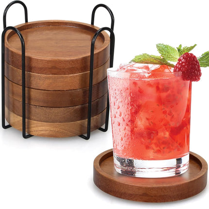 6 Pieces Best Wooden Coasters with Holder, Coffee Table Decor, Acacia Wood Coaster Set, Modern Drink Coaster, Dining Table, Kitchen Accessories, Cute Beer Bar, Decorative Rustic Coasters for Outdoors.