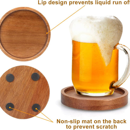6 Pieces Best Wooden Coasters with Holder, Coffee Table Decor, Acacia Wood Coaster Set, Modern Drink Coaster, Dining Table, Kitchen Accessories, Cute Beer Bar, Decorative Rustic Coasters for Outdoors.