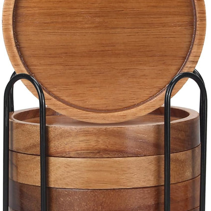 6 Pieces Best Wooden Coasters with Holder, Coffee Table Decor, Acacia Wood Coaster Set, Modern Drink Coaster, Dining Table, Kitchen Accessories, Cute Beer Bar, Decorative Rustic Coasters for Outdoors.