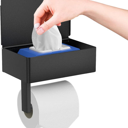 Toilet Roll Holder - Black Stainless Steel - With Wet Wipe Holder - Self-Adhesive Mounting - For Bathroom and Kitchen.