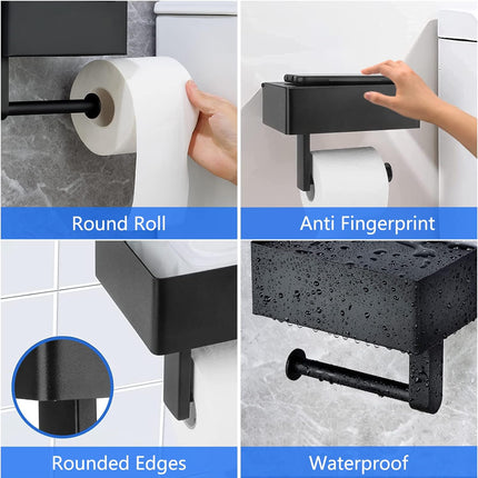Toilet Roll Holder - Black Stainless Steel - With Wet Wipe Holder - Self-Adhesive Mounting - For Bathroom and Kitchen.