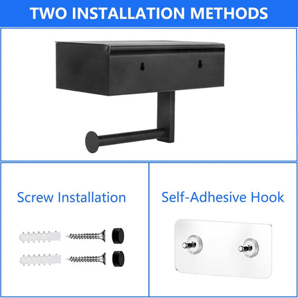 Toilet Roll Holder - Black Stainless Steel - With Wet Wipe Holder - Self-Adhesive Mounting - For Bathroom and Kitchen.