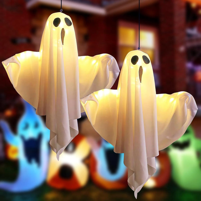 Halloween Decoration - 2 Pieces Hanging Ghosts - With LED Lighting - For Outdoors and Gardens - Spooky Party Atmosphere.