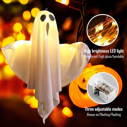Halloween Decoration - 2 Pieces Hanging Ghosts - With LED Lighting - For Outdoors and Gardens - Spooky Party Atmosphere.