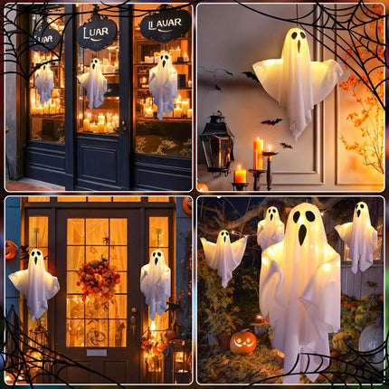 Halloween Decoration - 2 Pieces Hanging Ghosts - With LED Lighting - For Outdoors and Gardens - Spooky Party Atmosphere.