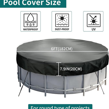 Round Pool Cover - Robust 420D Oxford Fabric Cover for Garden Pools with Drawstring - Waterproof Round Pool Cover with Winding Cord and Ground Pegs - 6 ft.
