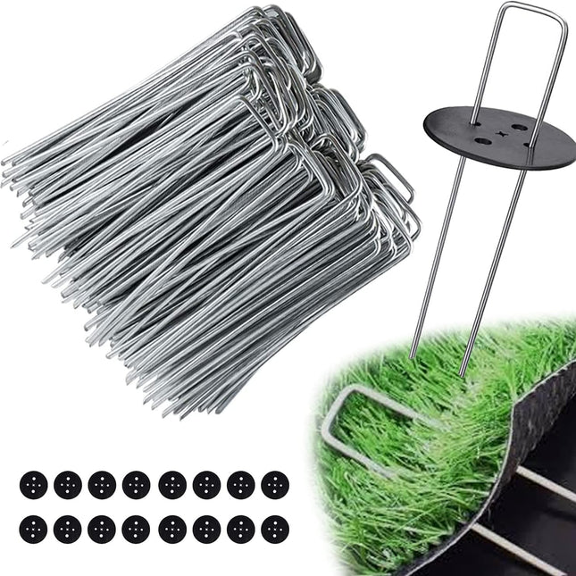 Weed Foil Spikes - U-shaped Ground Pegs - Garden - Artificial Grass - Ground Pegs, Tent, Heavy Metal - 100 pieces + 16 Buffer Rings.