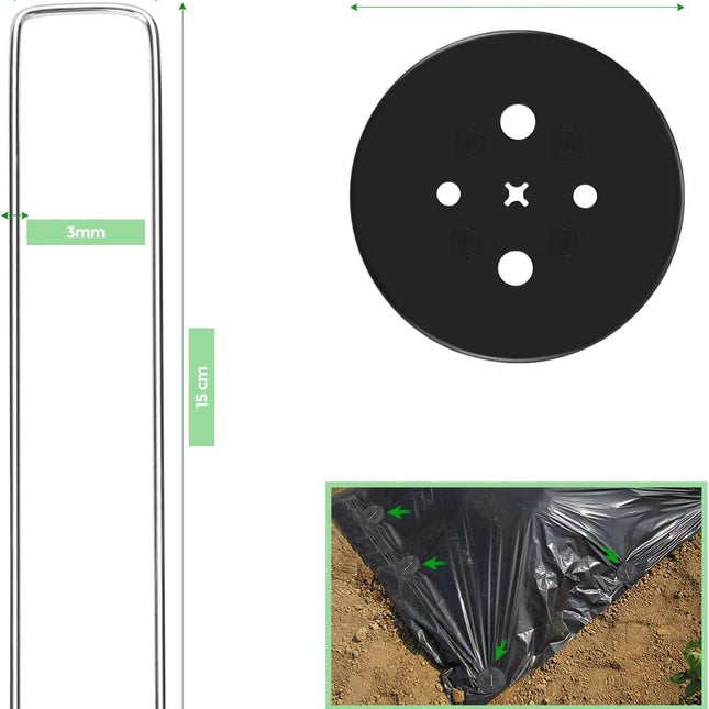 Weed Foil Spikes - U-shaped Ground Pegs - Garden - Artificial Grass - Ground Pegs, Tent, Heavy Metal - 100 pieces + 16 Buffer Rings.