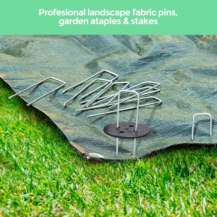 Weed Foil Spikes - U-shaped Ground Pegs - Garden - Artificial Grass - Ground Pegs, Tent, Heavy Metal - 100 pieces + 16 Buffer Rings.
