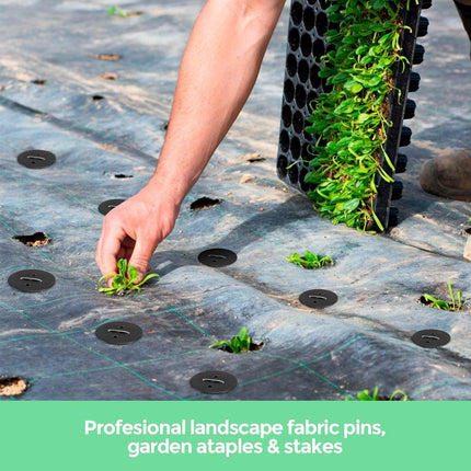 Weed Foil Spikes - U-shaped Ground Pegs - Garden - Artificial Grass - Ground Pegs, Tent, Heavy Metal - 100 pieces + 16 Buffer Rings.
