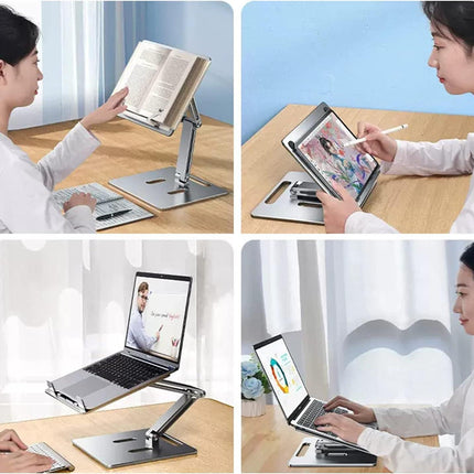 Computer Stand - Adjustable Lift Stand - Suitable for laptop, tablet, textbooks, cookbooks and magazines - Cooling vents - Metal - Silver.