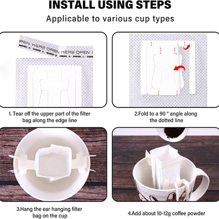 Coffee Filter Bags - with Hanging Loop - Portable Paper Coffee Filters for Most Cups - Travel, Camping, Home, Office - Pack of 100.