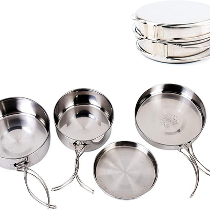 Camping Cookware Set - Multifunctional Portable Stainless Steel Cookware Set - Suitable for 2-3 People - Outdoor Picnic - Set of 4.