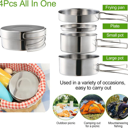 Camping Cookware Set - Multifunctional Portable Stainless Steel Cookware Set - Suitable for 2-3 People - Outdoor Picnic - Set of 4.