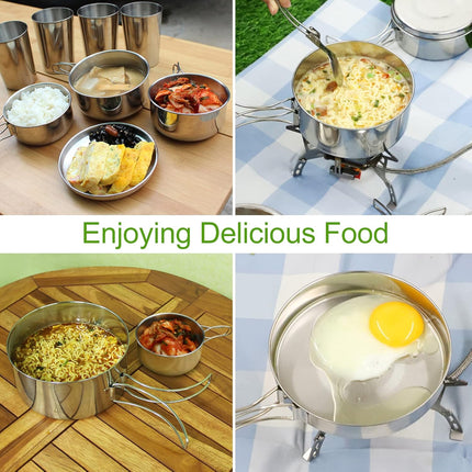 Camping Cookware Set - Multifunctional Portable Stainless Steel Cookware Set - Suitable for 2-3 People - Outdoor Picnic - Set of 4.