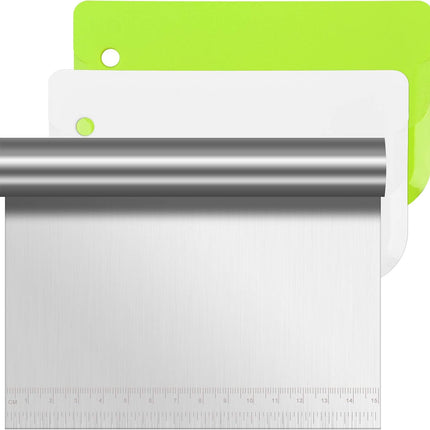 Dough scraper - Stainless steel dough scraper - with handle and measuring stick - Plastic-shaped scraper - Flexible dough cutter - for pizza, pastries, bread, baking, butter - 3 pieces.