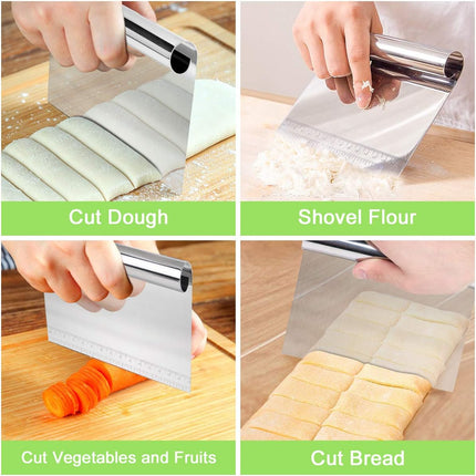 Dough scraper - Stainless steel dough scraper - with handle and measuring stick - Plastic-shaped scraper - Flexible dough cutter - for pizza, pastries, bread, baking, butter - 3 pieces.