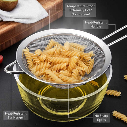 Strainers - Marine Grade Stainless Steel - Fine Mesh - Heat Resistant - No Sharp Edges - Corrosion Resistant - Pack of 3 (8cm, 12cm & 18cm).
