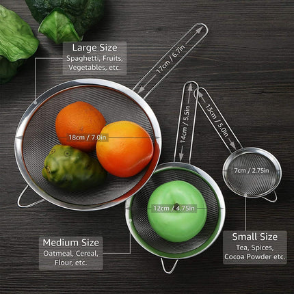Strainers - Marine Grade Stainless Steel - Fine Mesh - Heat Resistant - No Sharp Edges - Corrosion Resistant - Pack of 3 (8cm, 12cm & 18cm).