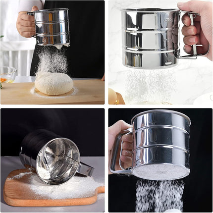 Flour Sieve - Stainless Steel Hand Flour Sieve - Manual Flour Press Cup for Home Kitchens - Large Baking Sieve Cup - For Icing Cake Flour - Silver.