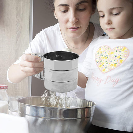 Flour Sieve - Stainless Steel Hand Flour Sieve - Manual Flour Press Cup for Home Kitchens - Large Baking Sieve Cup - For Icing Cake Flour - Silver.