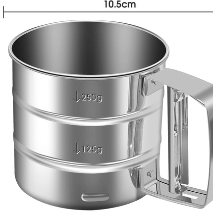 Flour Sieve - Stainless Steel Hand Flour Sieve - Manual Flour Press Cup for Home Kitchens - Large Baking Sieve Cup - For Icing Cake Flour - Silver.