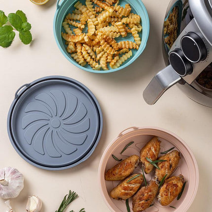 Airfryer silicone baking molds - reusable airfryer basket - baking tray - multifunctional round baking tray - microwave and oven safe - pink + gray + blue - 3 pieces.