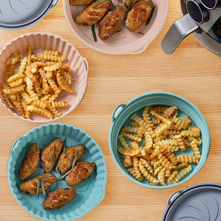 Airfryer silicone baking molds - reusable airfryer basket - baking tray - multifunctional round baking tray - microwave and oven safe - pink + gray + blue - 3 pieces.