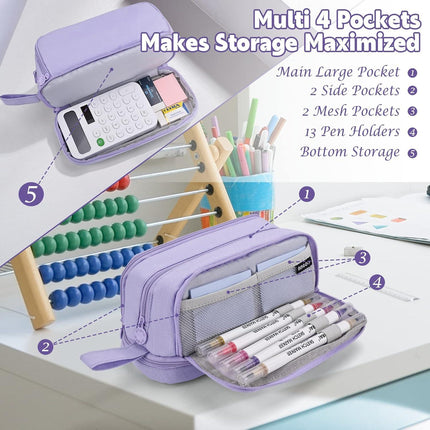 Pencil Case - Large Capacity Pencil Case - Suitable for Girls and Boys - With 4 Compartments - Multifunctional Pencil Case, Stationery Storage Bag, Office Cosmetic Bag - Portable Pencil Case - Suitable for Teens, Adults, Women and Men - Purple.