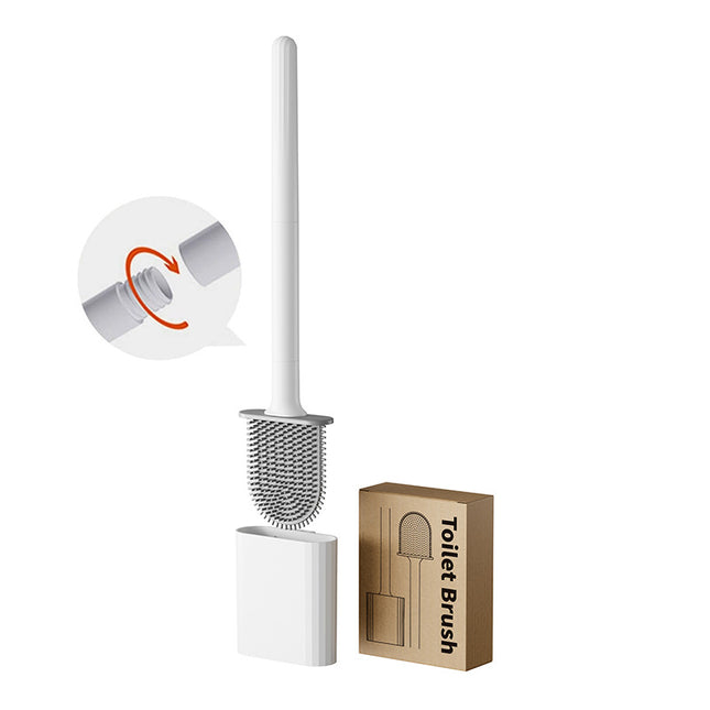 Toilet brush and holder - Deep cleaning silicone toilet brush - Flat toilet brush with long handle - Quick-drying toilet brush and holder - For bathroom - Floor/wall mounted - White - 11*8.5*13.8cm.