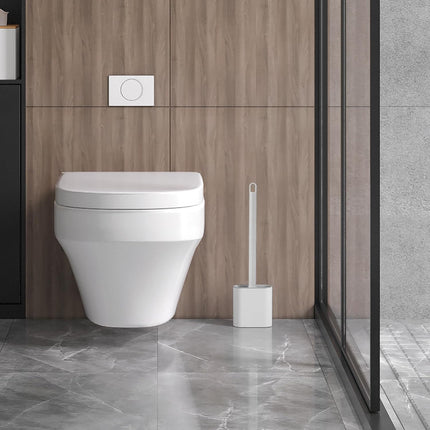 Toilet brush and holder - Deep cleaning silicone toilet brush - Flat toilet brush with long handle - Quick-drying toilet brush and holder - For bathroom - Floor/wall mounted - White - 11*8.5*13.8cm.