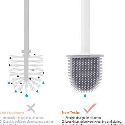 Toilet brush and holder - Deep cleaning silicone toilet brush - Flat toilet brush with long handle - Quick-drying toilet brush and holder - For bathroom - Floor/wall mounted - White - 11*8.5*13.8cm.