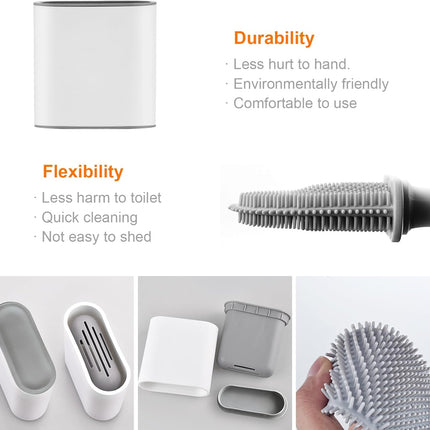 Toilet brush and holder - Deep cleaning silicone toilet brush - Flat toilet brush with long handle - Quick-drying toilet brush and holder - For bathroom - Floor/wall mounted - White - 11*8.5*13.8cm.