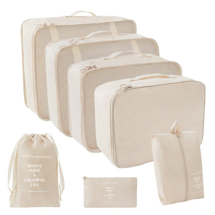 Luggage organizer - Travel luggage organizer - For backpacks - Waterproof travel bag - Essential accessory - Beige - 7 items.
