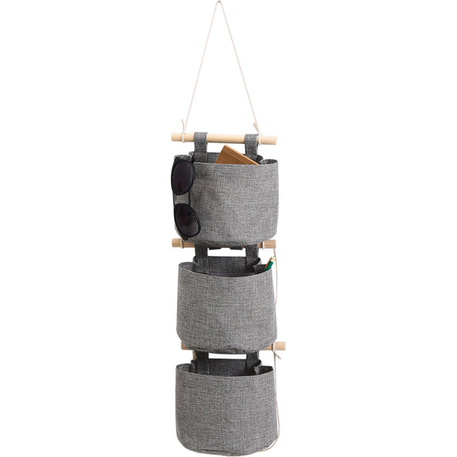 Hanging Storage Bag with Pockets - Hanging Storage Bag in Cotton and Linen - Over-the-Door Wall Organizer - Suitable for Bedroom and Bathroom - 3 Layers - Gray.
