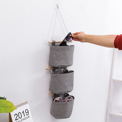 Hanging Storage Bag with Pockets - Hanging Storage Bag in Cotton and Linen - Over-the-Door Wall Organizer - Suitable for Bedroom and Bathroom - 3 Layers - Gray.