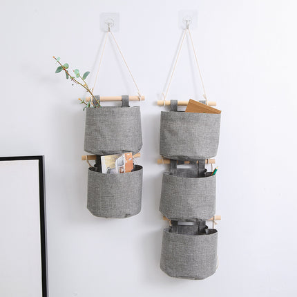 Hanging Storage Bag with Pockets - Hanging Storage Bag in Cotton and Linen - Over-the-Door Wall Organizer - Suitable for Bedroom and Bathroom - 3 Layers - Gray.