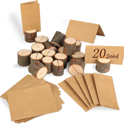 Wooden Place Cards (20) + Kraft Cards (20) - Wooden Card Holders - Wooden Place Cards - Rustic Wooden Photo Holders - Wedding Decorations.