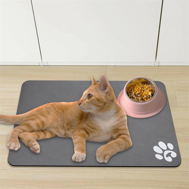Dog and Cat Feeding Mats - Non-Slip, Super Absorbent Pet Bowl Mat with Footprint Logo - 24 x 16.9 Inches - Brown.