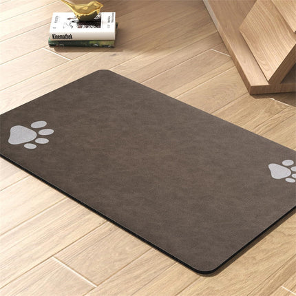 Dog and Cat Feeding Mats - Non-Slip, Super Absorbent Pet Bowl Mat with Footprint Logo - 24 x 16.9 Inches - Brown.