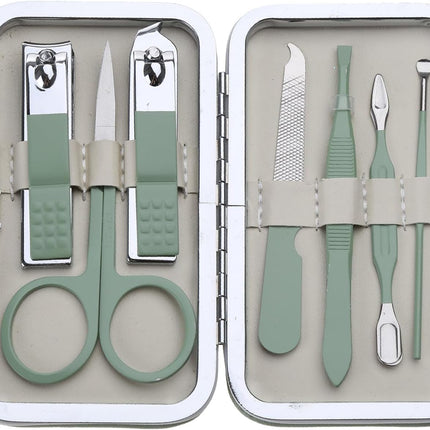 Carbon Steel Manicure Set - Pedicure Scissors - with Leather Travel Case - Mint Green.