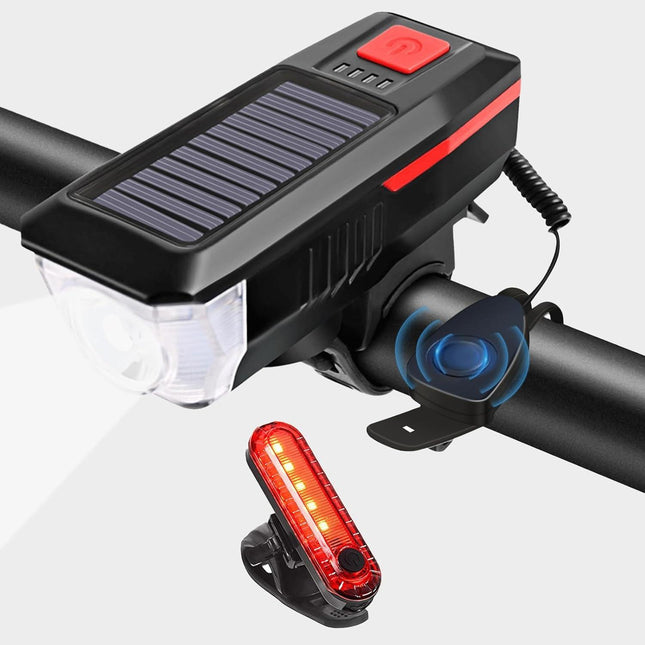 Bicycle Light - Rechargeable Solar Bike Light with 120dB Horn and 1500mAh Battery - USB and Solar Powered Rechargeable, 3 Lighting Modes and 4 Flashing Modes - Waterproof and Durable Bicycle Light for Front and Rear Light.
