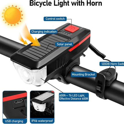 Bicycle Light - Rechargeable Solar Bike Light with 120dB Horn and 1500mAh Battery - USB and Solar Powered Rechargeable, 3 Lighting Modes and 4 Flashing Modes - Waterproof and Durable Bicycle Light for Front and Rear Light.