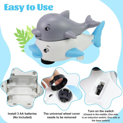 Baby Toys 6–36 Months – Bath Toys – Educational Toys – 2-in-1 Dolphin Bath Toy with LED Light and Music – Induction Water Sprayer and Universal Wheels – Safe ABS Material – Sensory Toys for Motor Skills and Bath Fun.